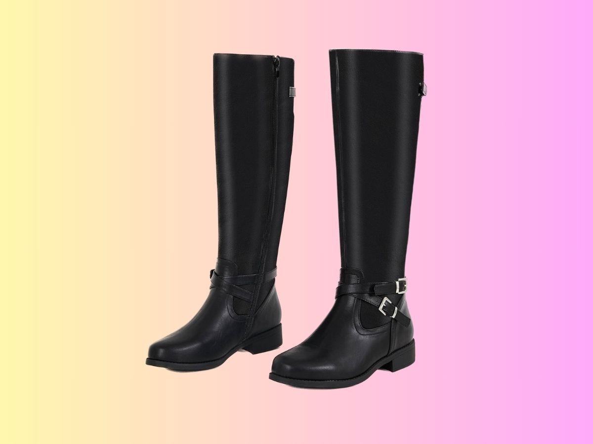 Amazon knee high black boots on pink background