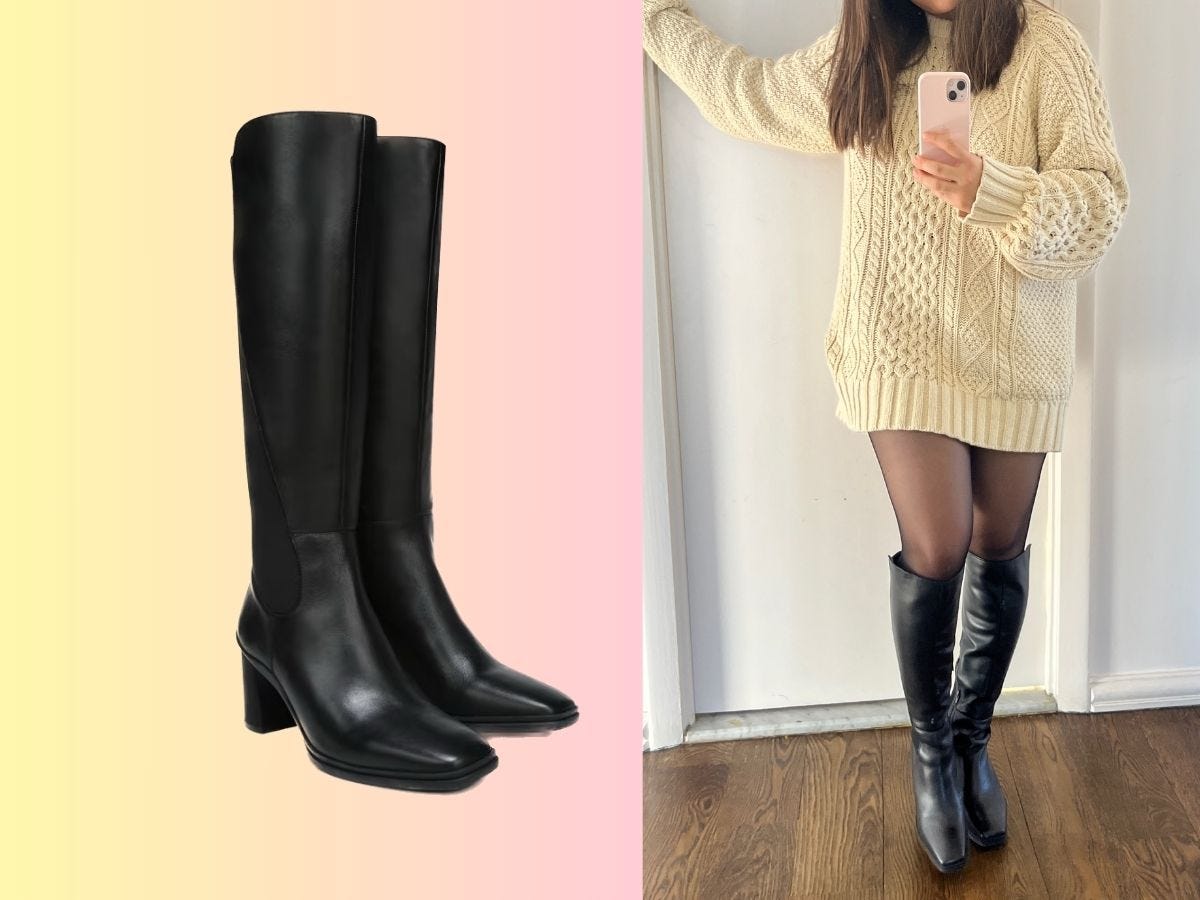 side by side of black boots and woman with boots on
