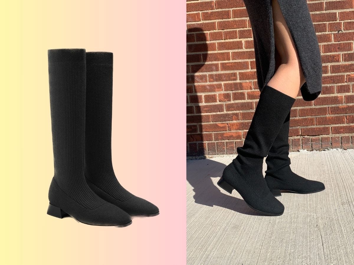 knee high Vivaia boot side by side with model wearing boot