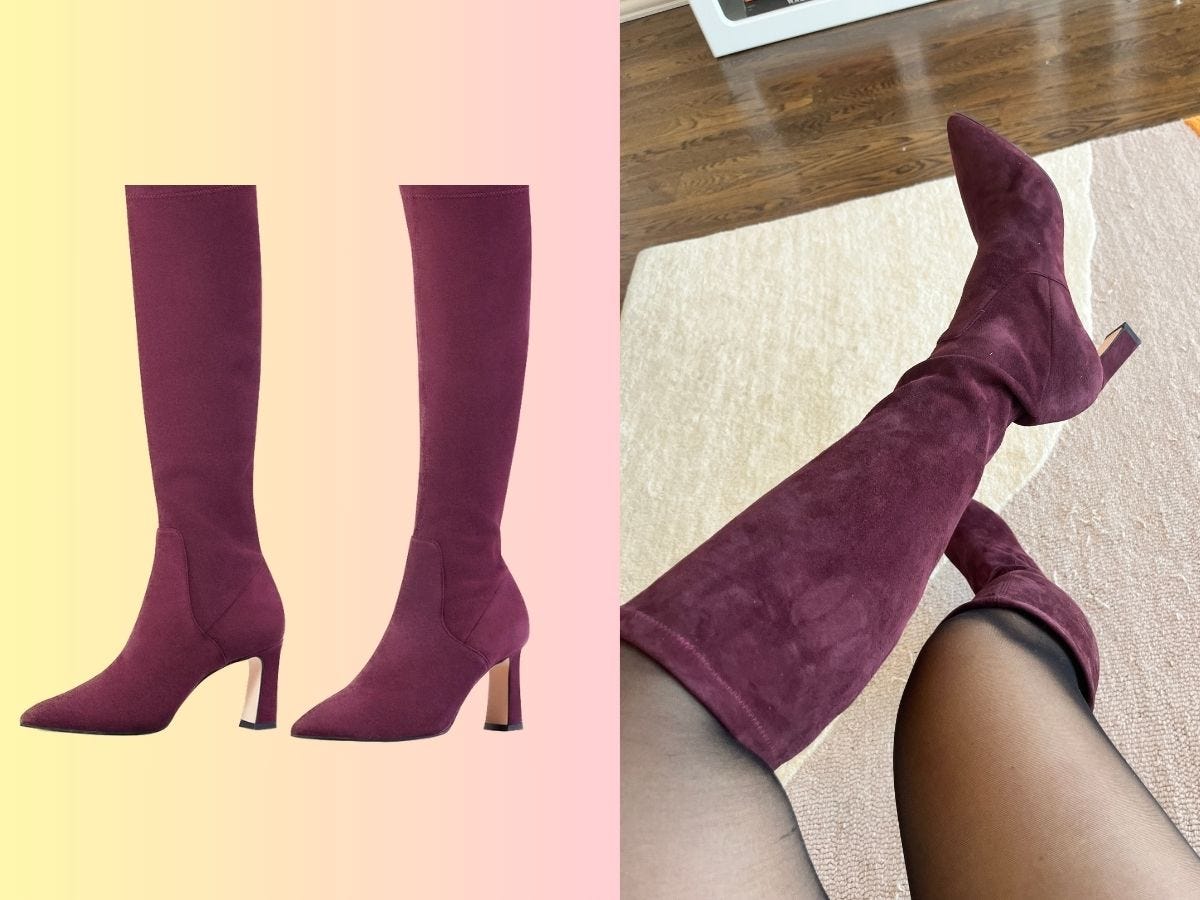close up of knee high purple boots