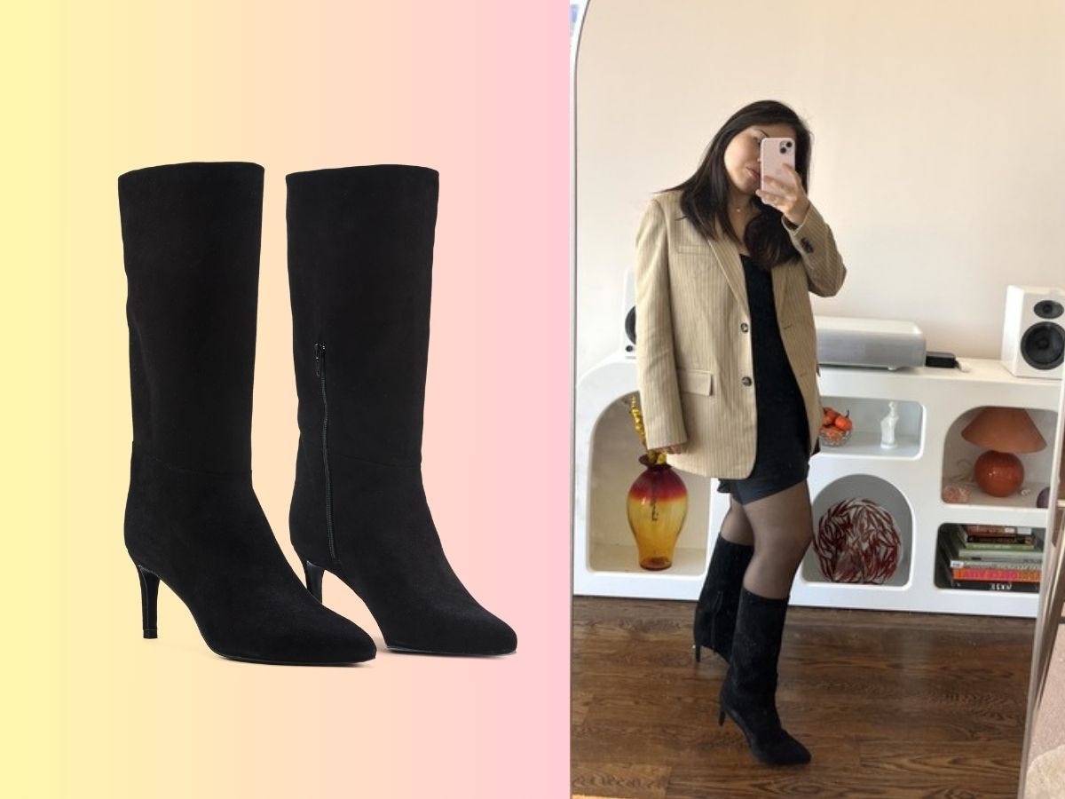 side by side of close up of black boots next to mirror pic of woman wearing black boots